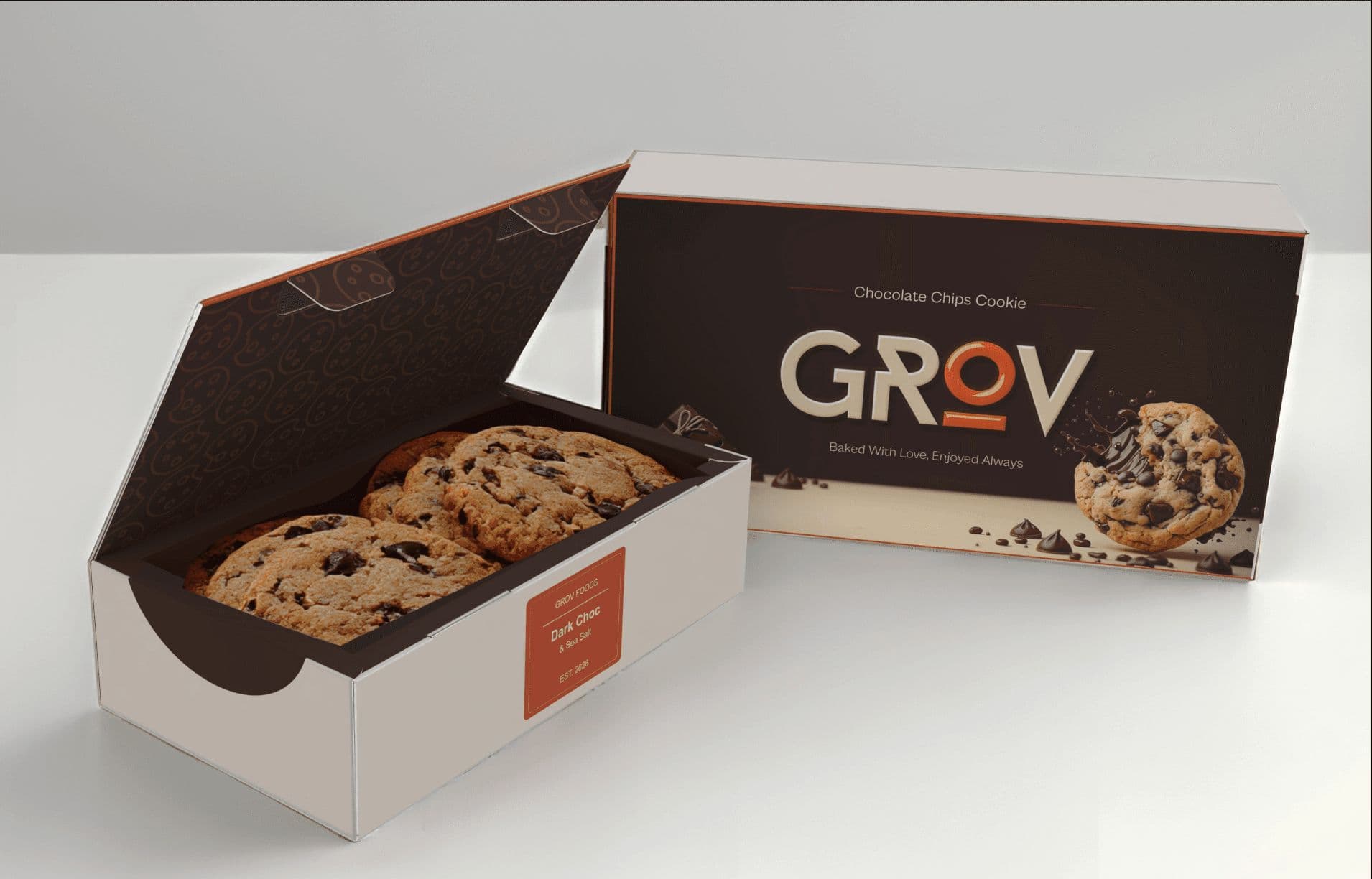 GROV cookies box, open, with chocolate chip cookies inside