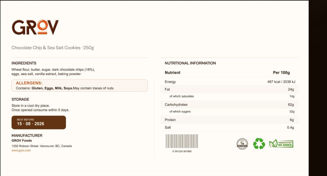 GROV cookies packaging label with ingredients and nutritional information