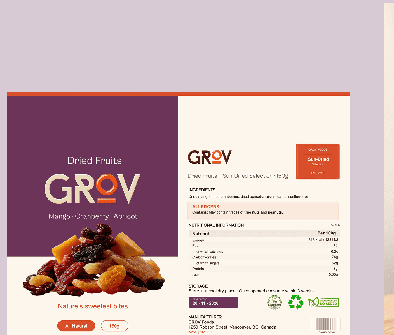 GROV dried fruits packaging label with ingredients and nutritional information