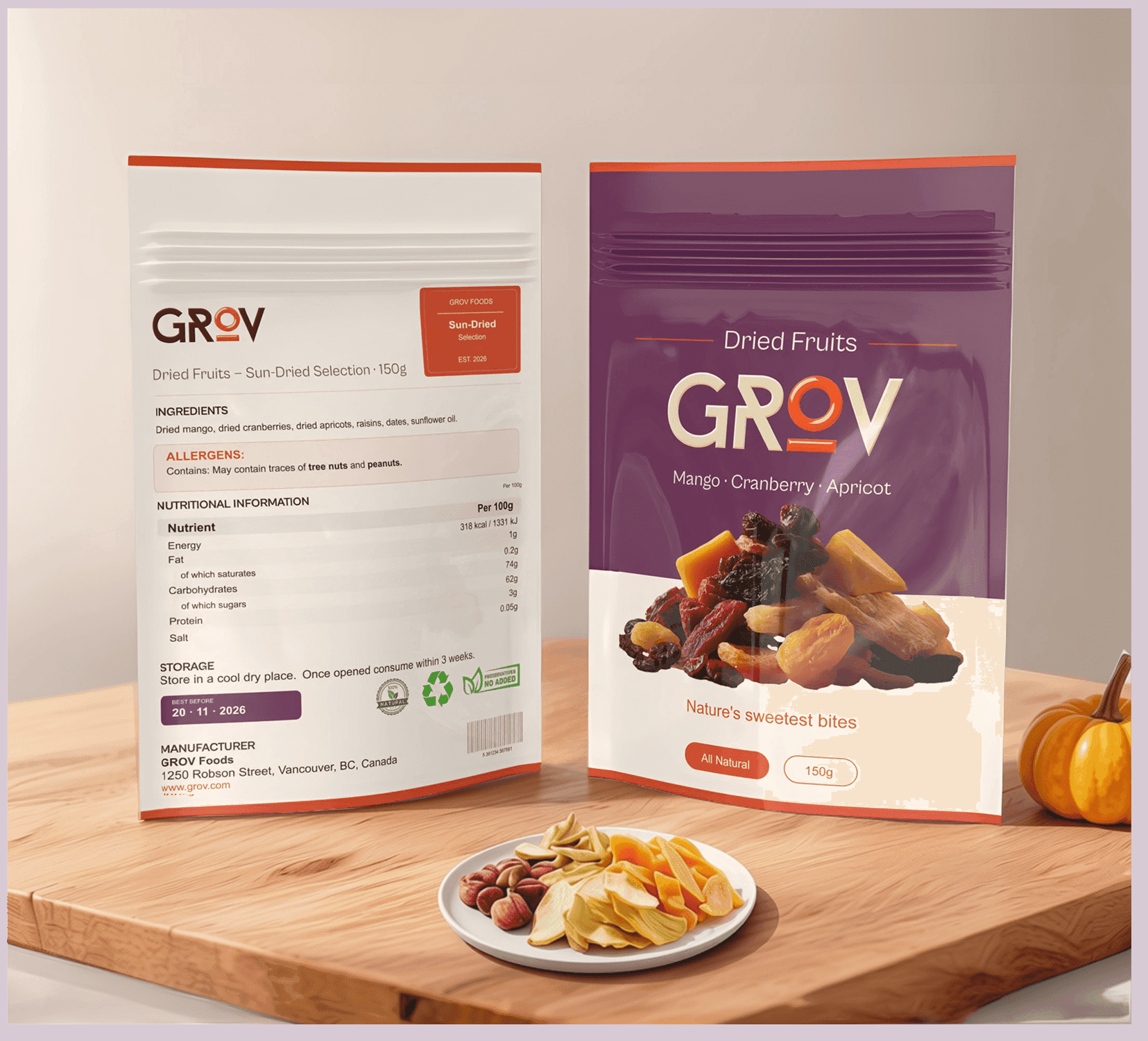 Two GROV dried fruits pouches on a wooden table with a plate of dried fruit