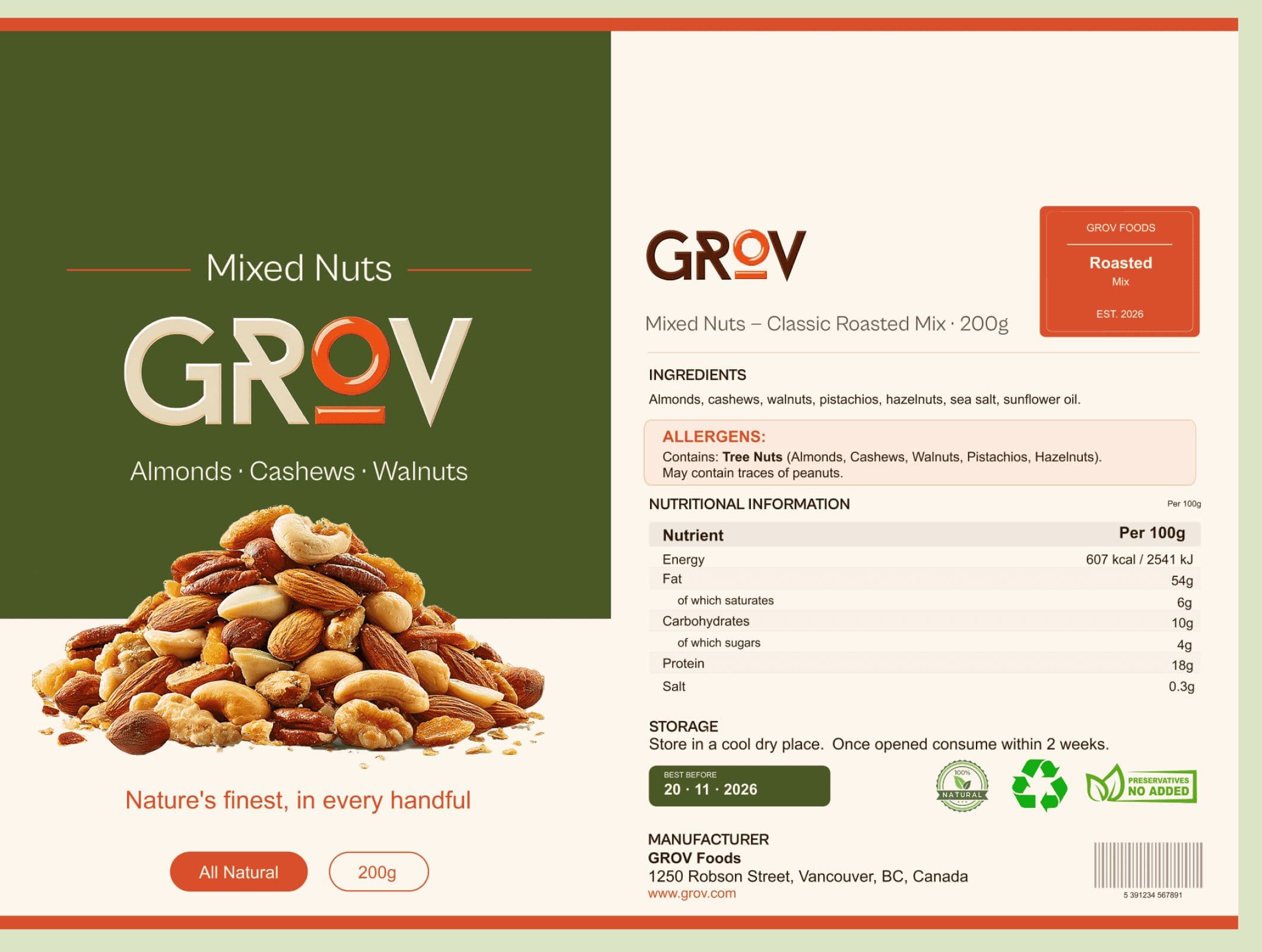 GROV mixed nuts packaging label with ingredients and nutritional information