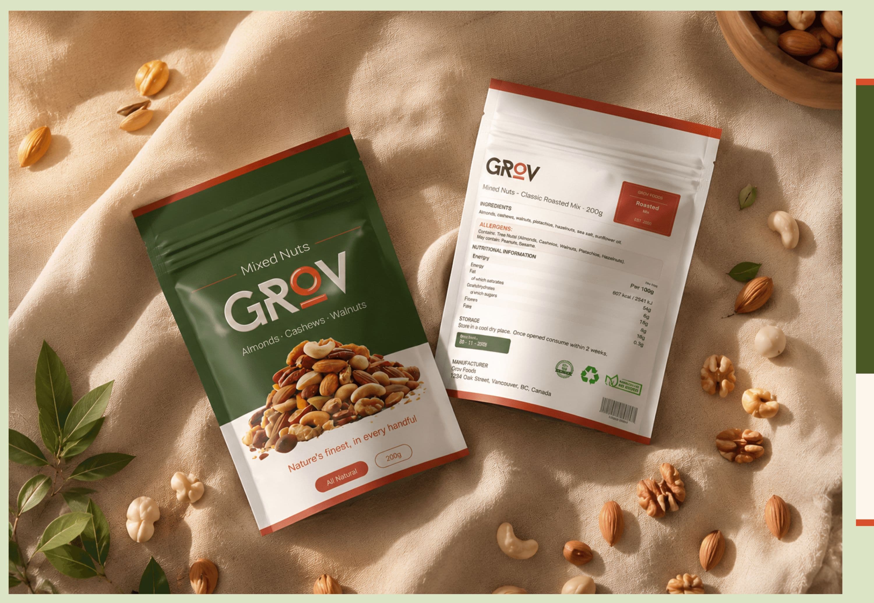 GROV mixed nuts pouch on linen with scattered almonds, cashews, and walnuts