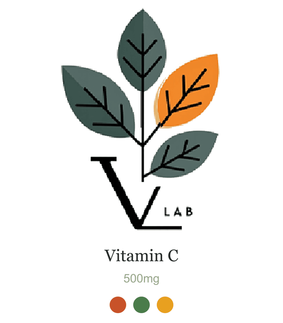 Vitamin C, 500mg, with its leaf mark and color palette