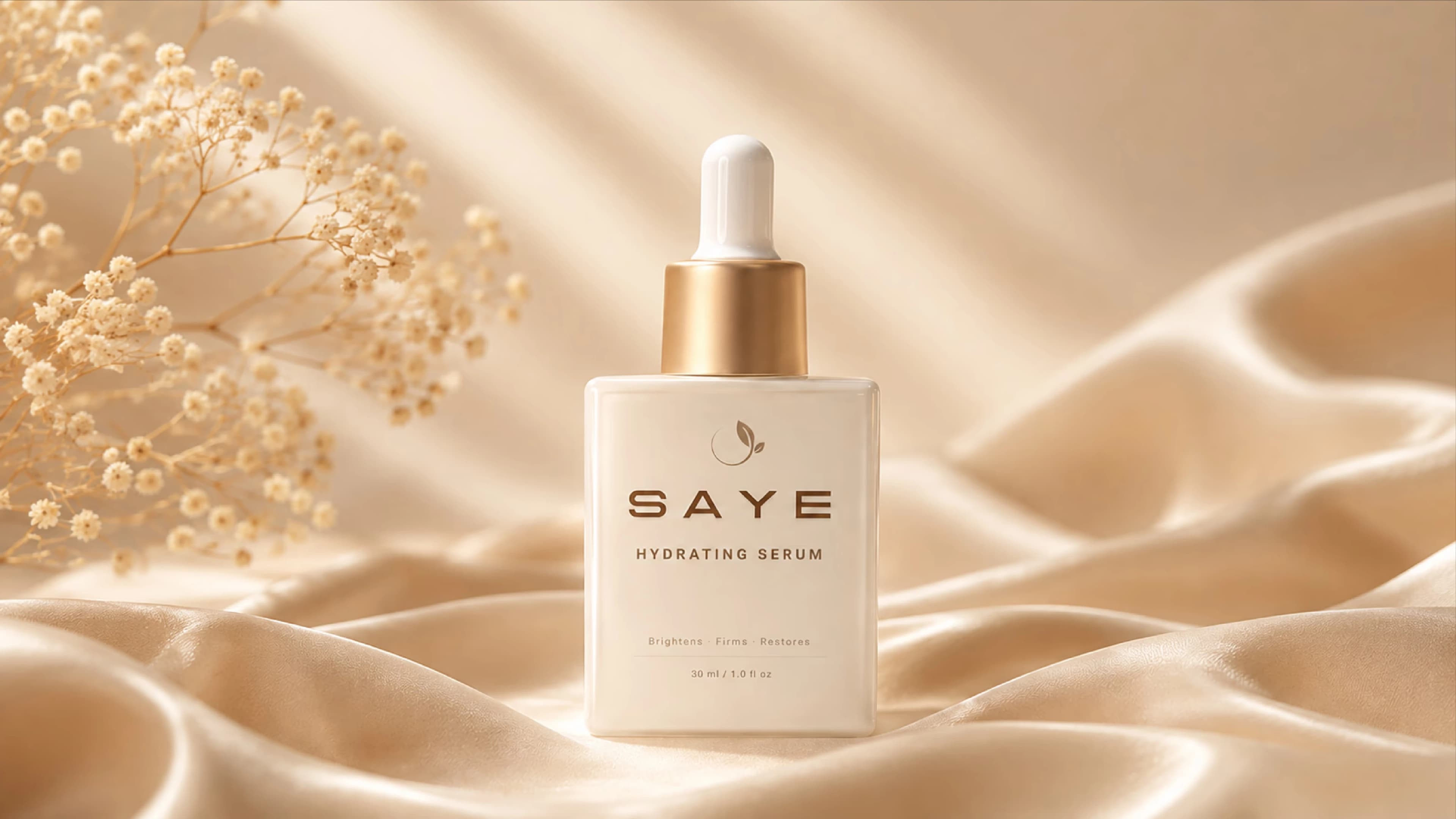 SAYE Hydrating Serum bottle close-up on silk fabric