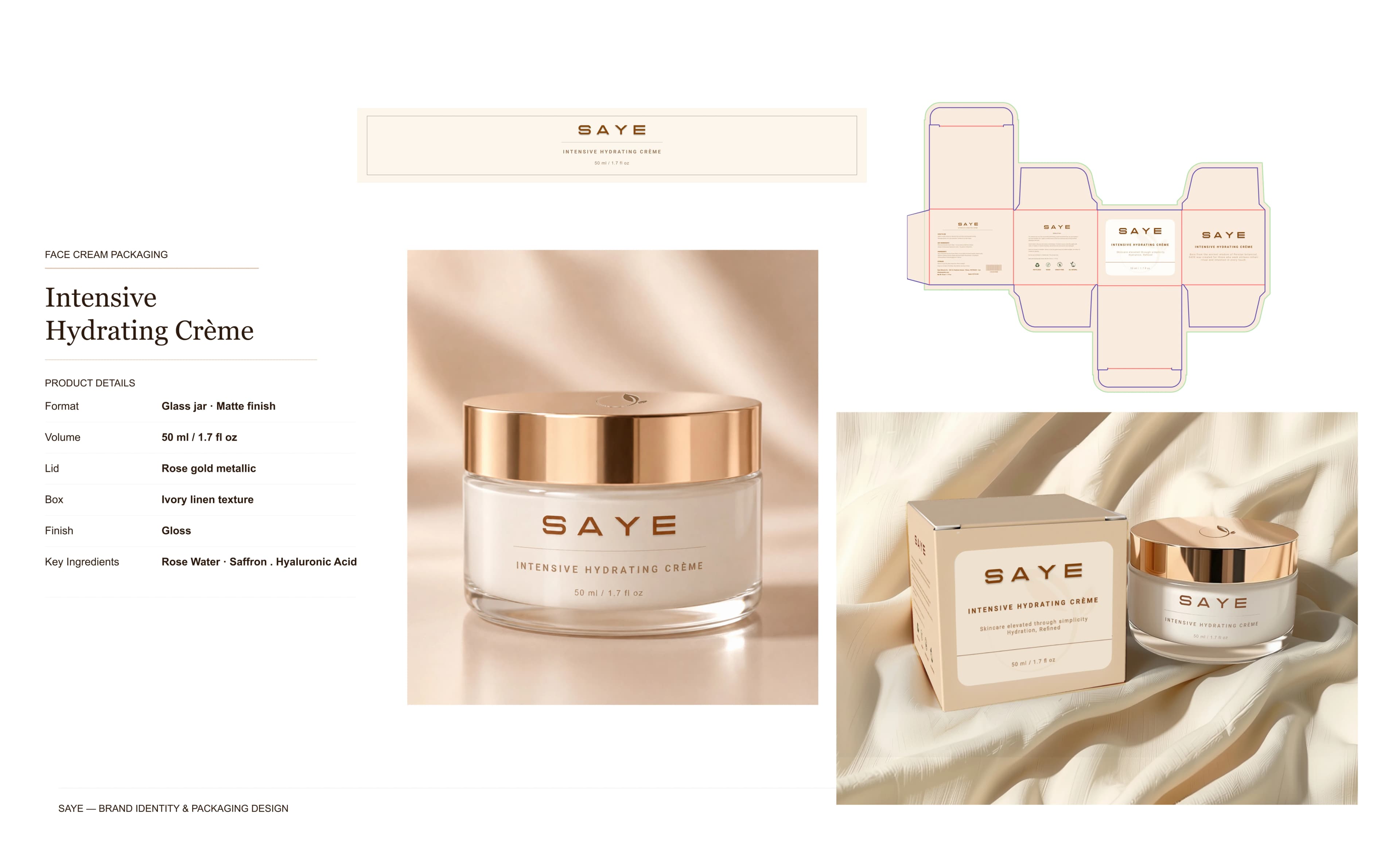 SAYE face cream packaging spec sheet