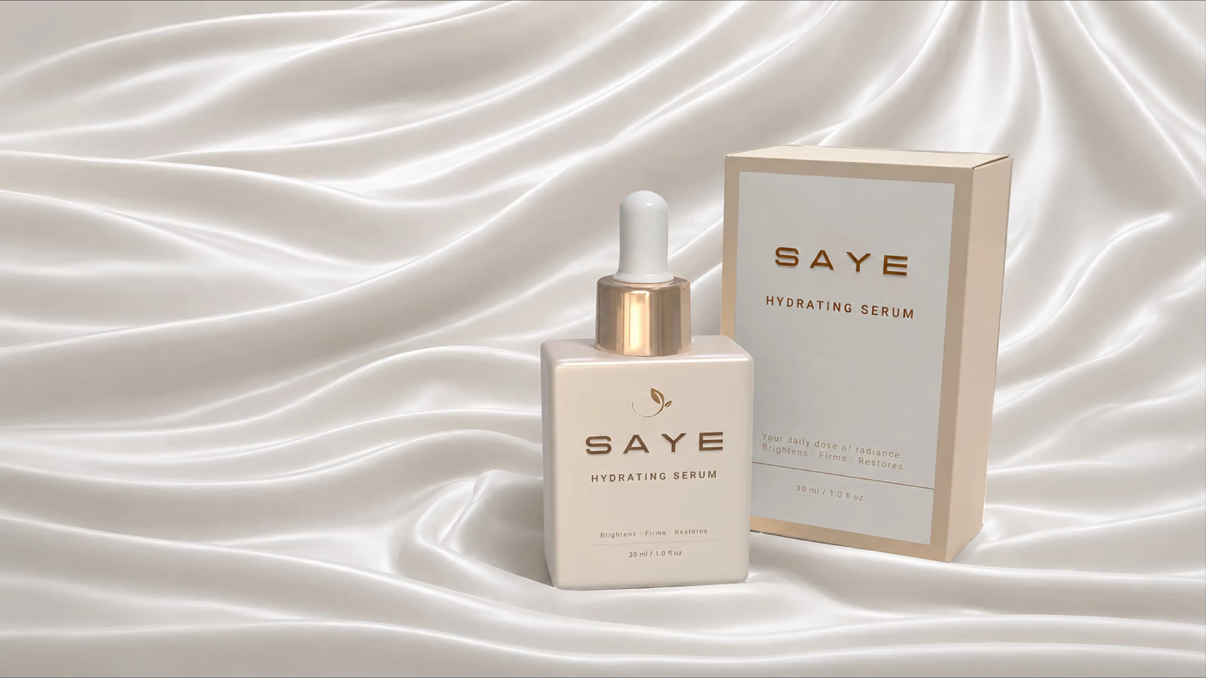 SAYE Hydrating Serum bottle and box together on silk fabric