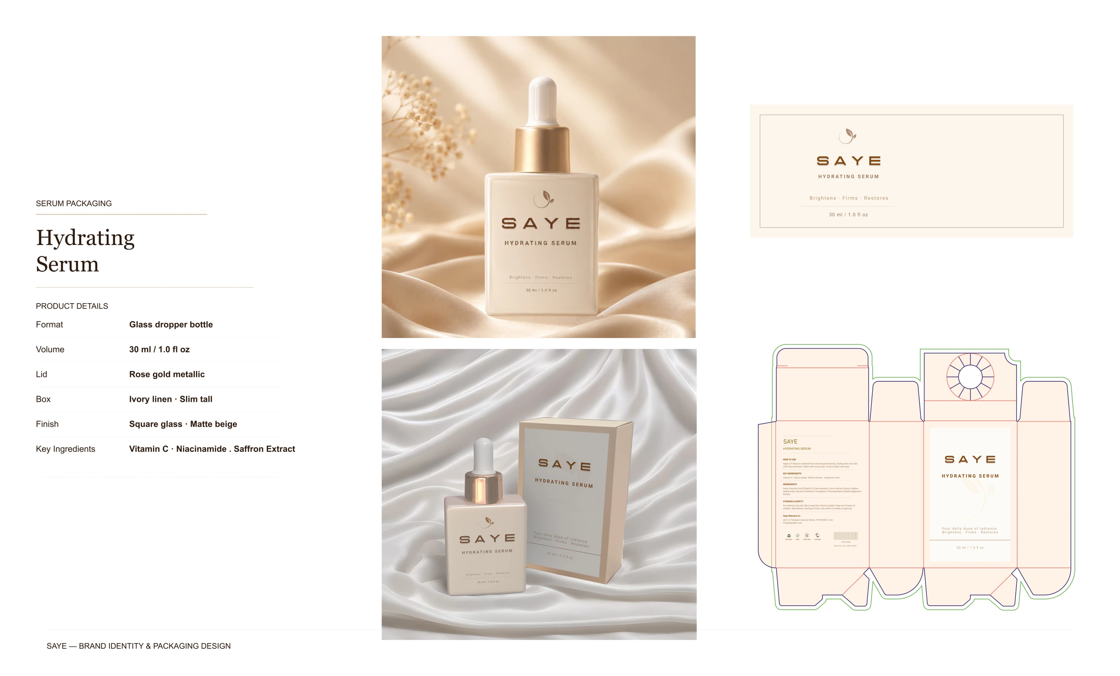 SAYE Hydrating Serum packaging spec sheet